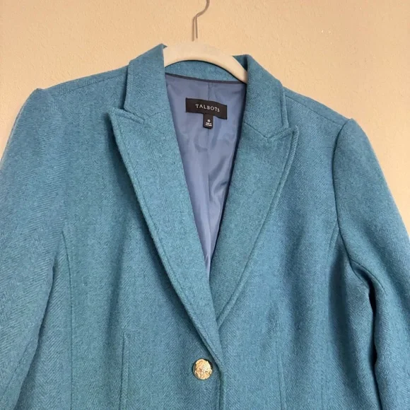 Talbots Jacket Blazer Teal Career Lined Gold Crest Buttons Wool Blend Size 10 - Picture 4 of 16